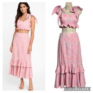 Show Me Your‎ Mumu Pink Floral Ruffle Maxi Skirt Set S Romantic Fairycore (2879)